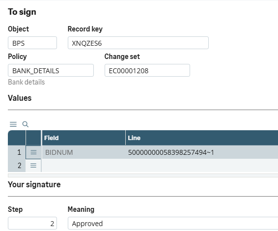 The signing dialog in Sage X3: the policy Bank details, its change set, and the signature at step 2, Approved