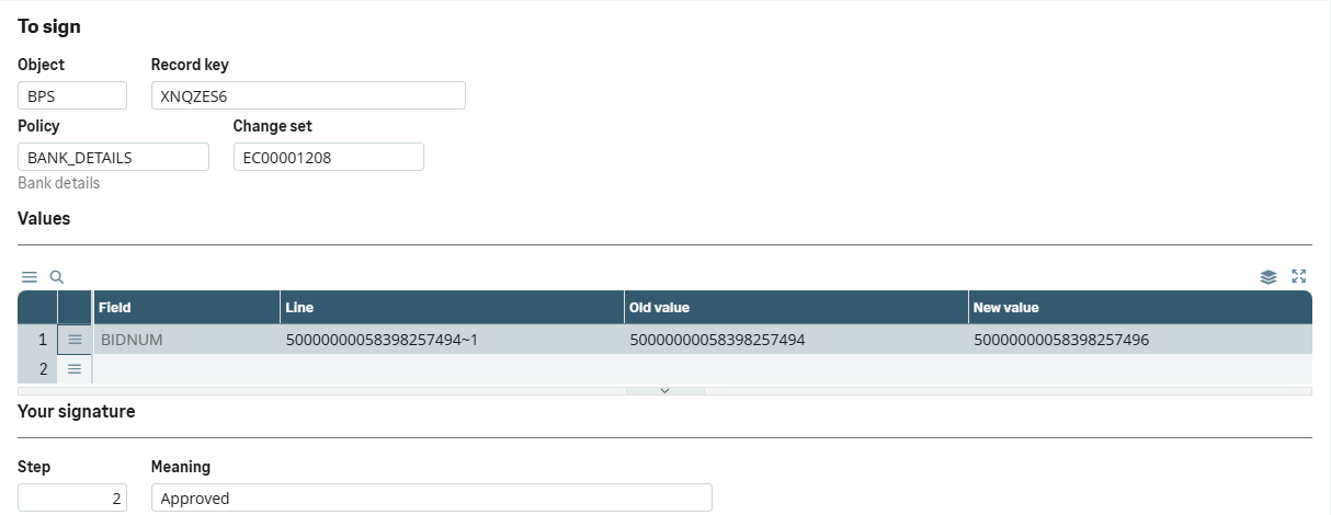 The signing dialog in Sage X3: the policy Bank details, a bank account’s old and new value, and the signature at step 2, Approved