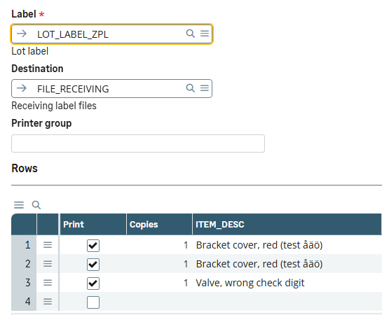 Label printing from a purchase receipt in Sage X3: the lot label, its destination and three rows ticked to print