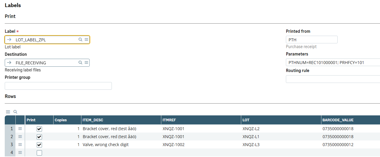 Label printing from a purchase receipt in Sage X3: the lot label, its destination, and three rows ticked to print with their items, lots and barcodes