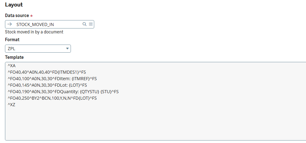 A label set up in Sage X3: its data source, the format ZPL and the template with tags such as {LOT}